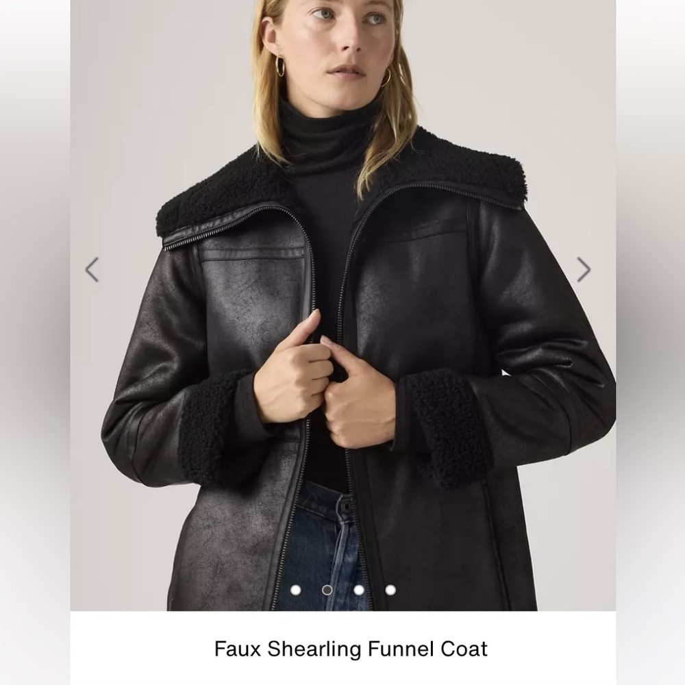 Levi’s Women’s Faux Shearling black funnel Coat 3/4 length NEW WITH TAGS - Picture 2 of 7